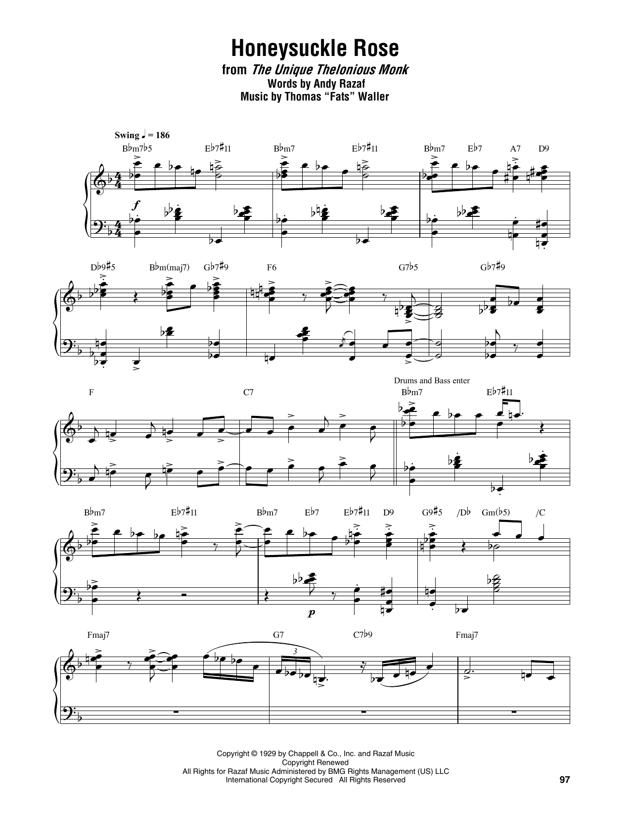 Thelonious Monk Honeysuckle Rose sheet music notes and chords. Download Printable PDF.