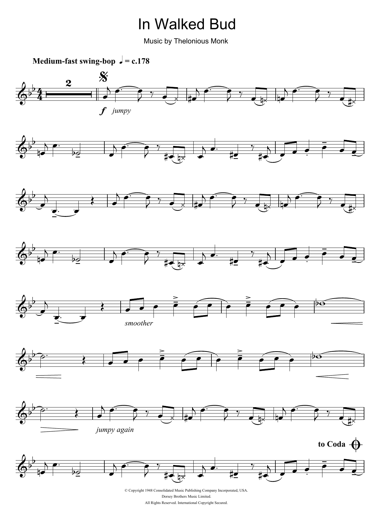 Thelonious Monk In Walked Bud sheet music notes and chords. Download Printable PDF.