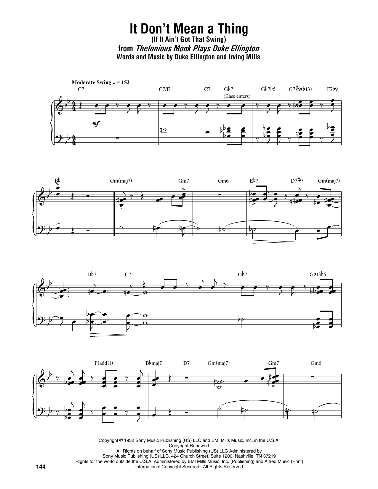 Learn to play Thelonious Monk It Don't Mean A Thing (If It Ain't Got That Swing) sheet music for Piano Transcription in minutes. Price: 7.8900$ Thelonious Monk It Don't Mean A Thing (If It Ain't Got That Swing) sheet music notes and chords arranged for Piano Transcription