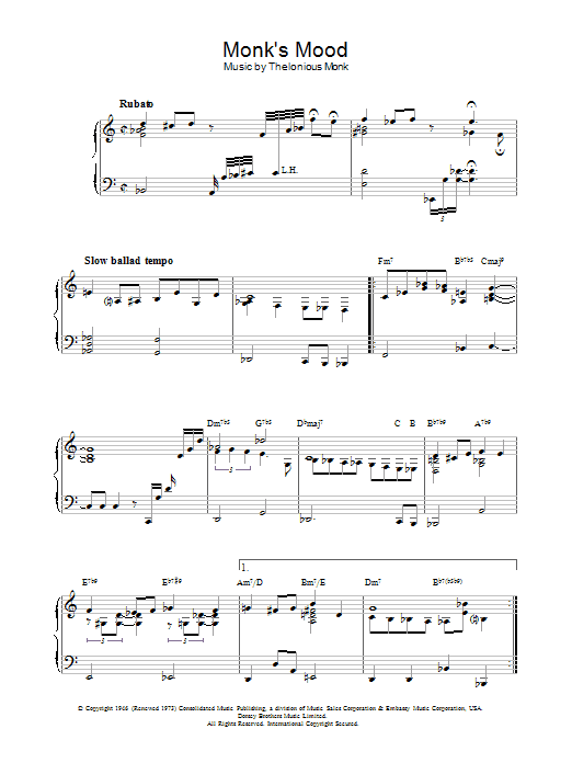 Thelonious Monk Monk's Mood sheet music notes and chords arranged for Real Book – Melody & Chords – C Instruments