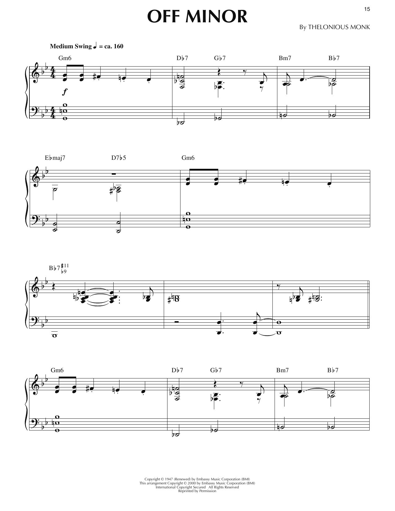 Thelonious Monk Off Minor sheet music notes and chords arranged for Piano Solo