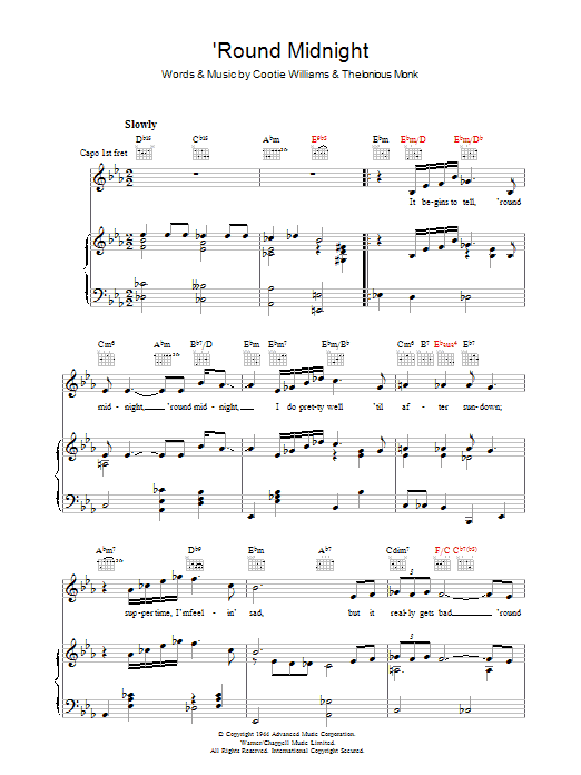 Thelonious Monk 'Round Midnight sheet music notes and chords. Download Printable PDF.