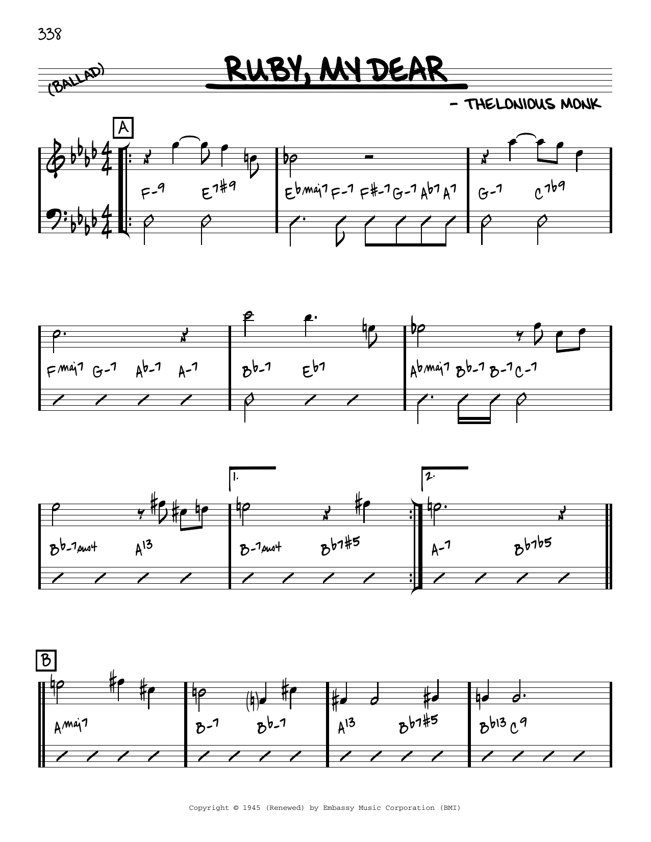 Thelonious Monk Ruby, My Dear [Reharmonized version] (arr. Jack Grassel) sheet music notes and chords arranged for Real Book – Melody & Chords