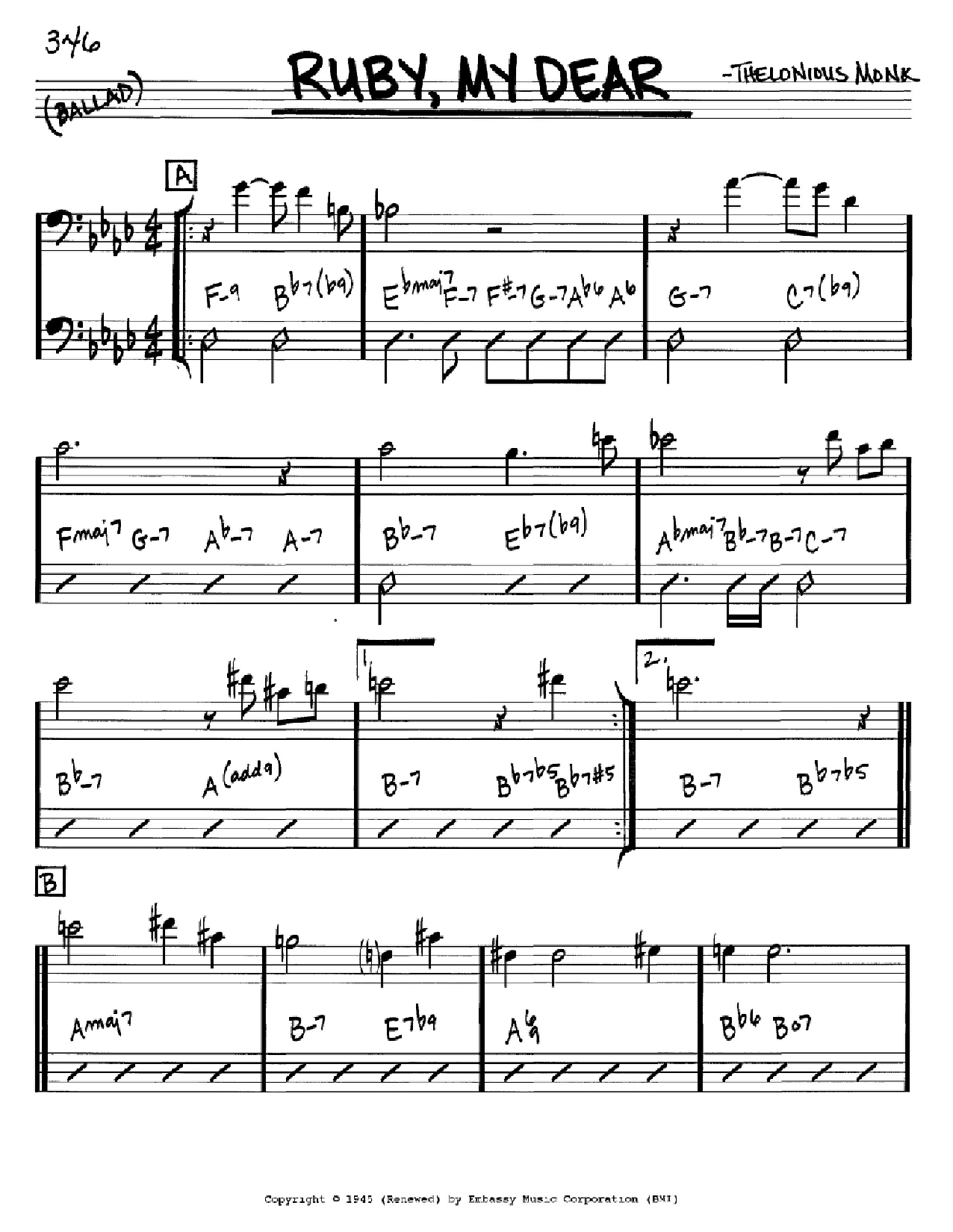 Thelonious Monk Ruby, My Dear sheet music notes and chords. Download Printable PDF.