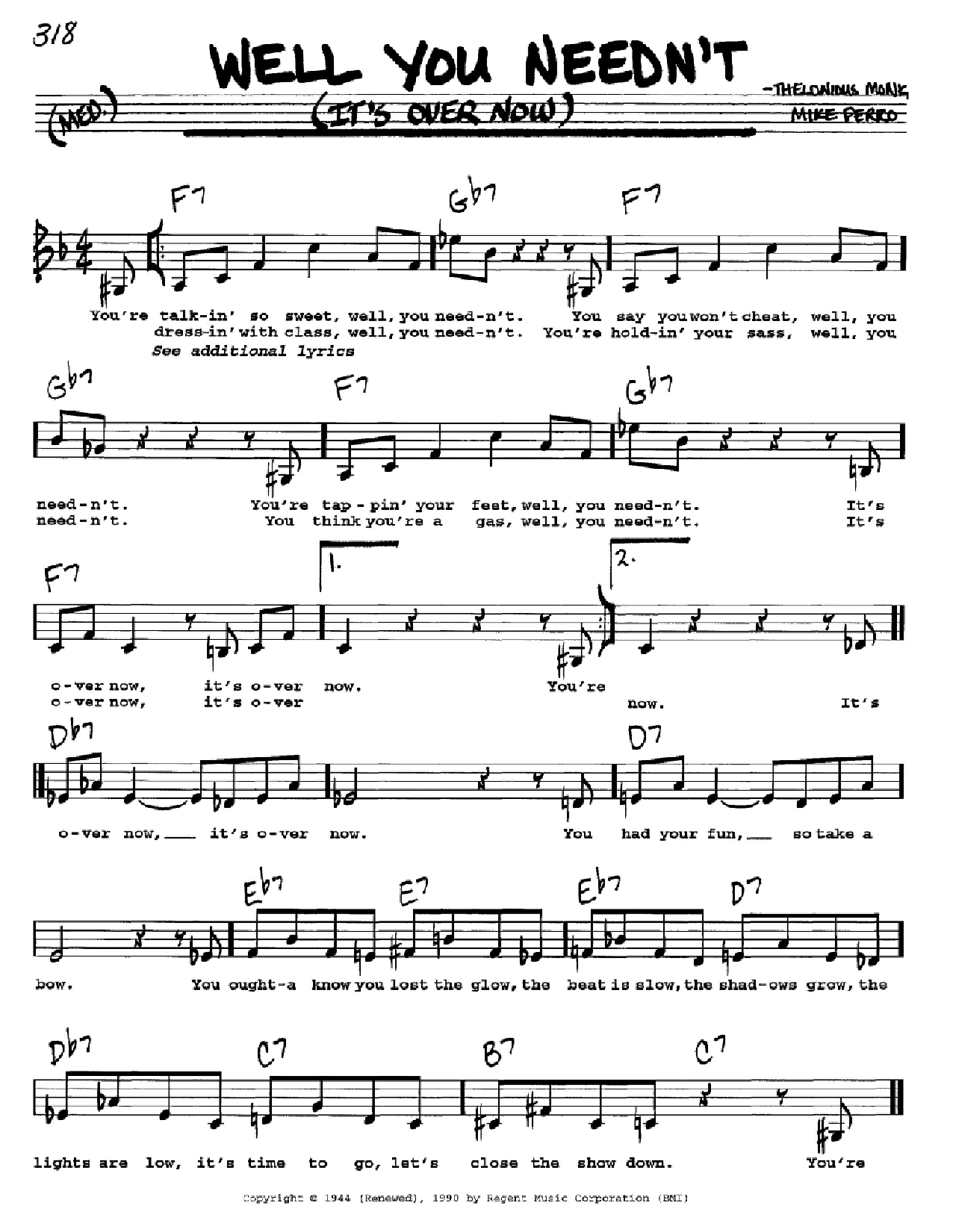 Thelonious Monk Well You Needn't (It's Over Now) sheet music notes and chords. Download Printable PDF.