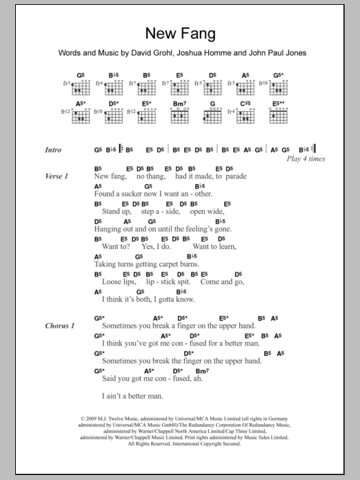 Learn to play Them Crooked Vultures New Fang sheet music for Guitar Chords/Lyrics in minutes. Price: 4.4900$ Them Crooked Vultures New Fang sheet music notes and chords arranged for Guitar Chords/Lyrics