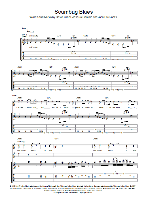 Them Crooked Vultures Scumbag Blues sheet music notes and chords. Download Printable PDF.