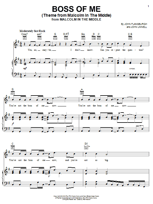 The Might Be Giants Boss Of Me (Theme From Malcolm In The Middle) sheet music notes and chords. Download Printable PDF.