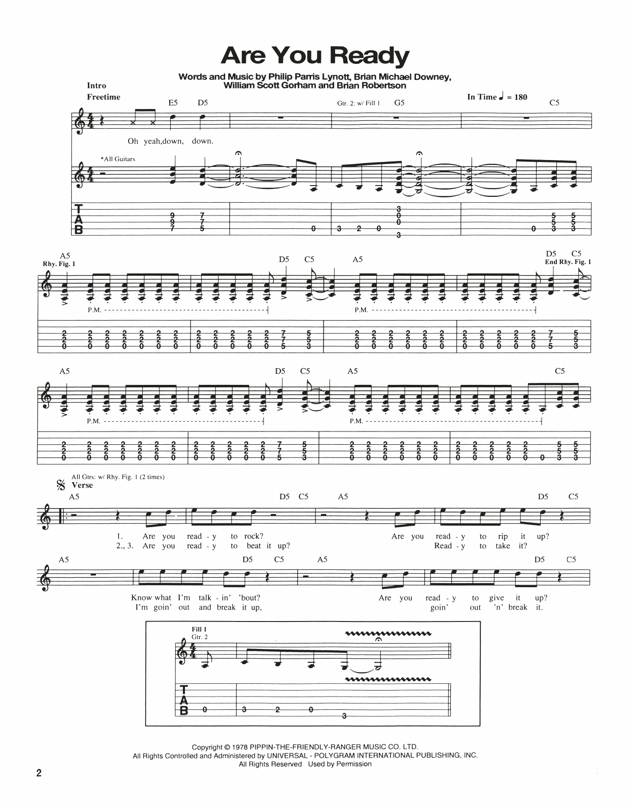 Learn to play Thin Lizzy Are You Ready sheet music for Guitar Tab in minutes. Price: 7.8900$ Thin Lizzy Are You Ready sheet music notes and chords arranged for Guitar Tab