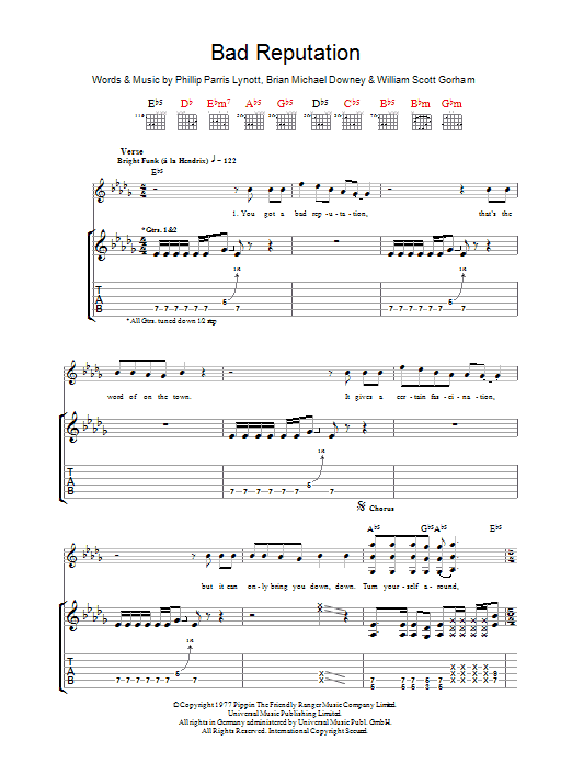 Learn to play Thin Lizzy Bad Reputation sheet music for Guitar Tab in minutes. Price: 7.8900$ Thin Lizzy Bad Reputation sheet music notes and chords arranged for Guitar Tab