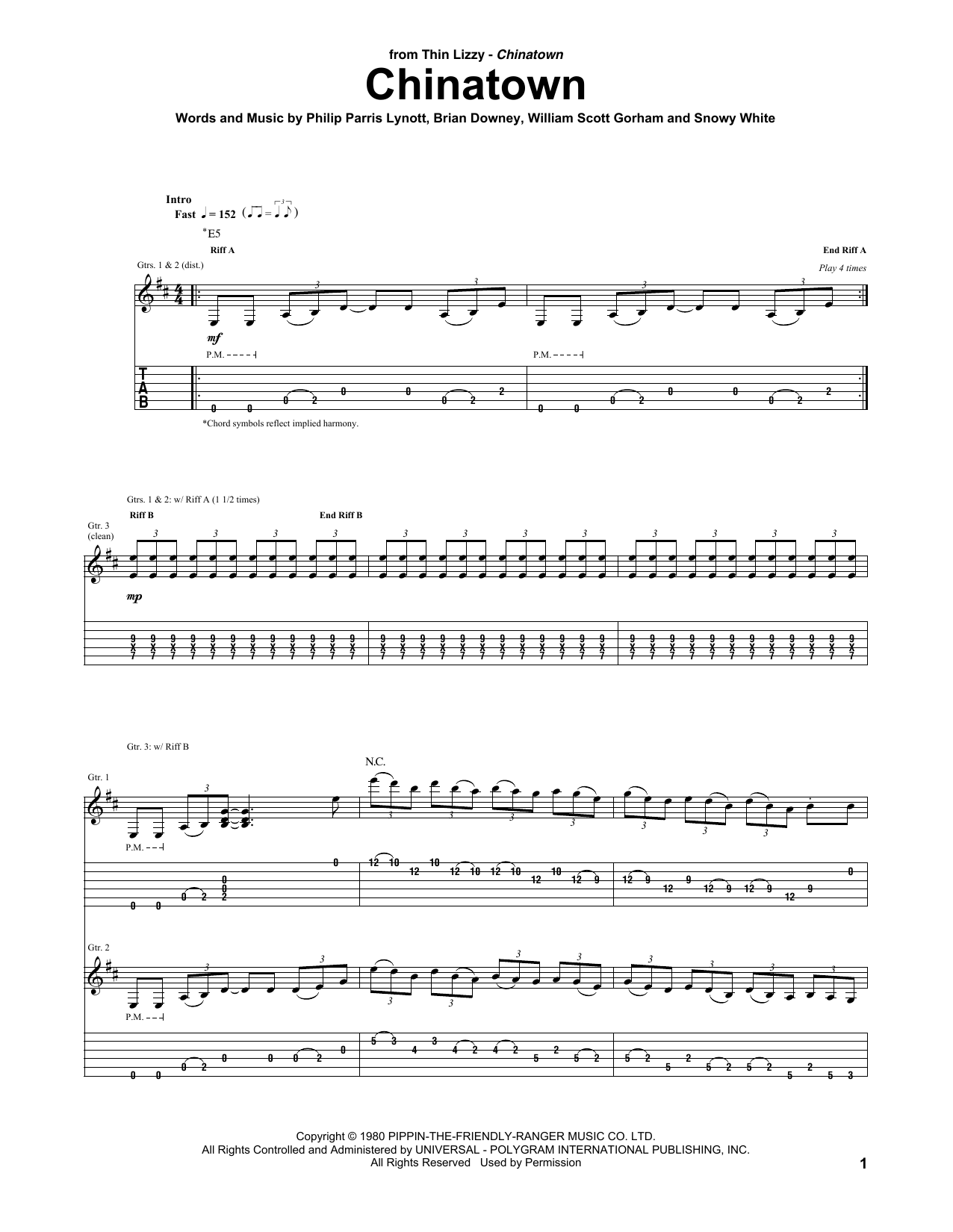 Thin Lizzy Chinatown sheet music notes and chords. Download Printable PDF.