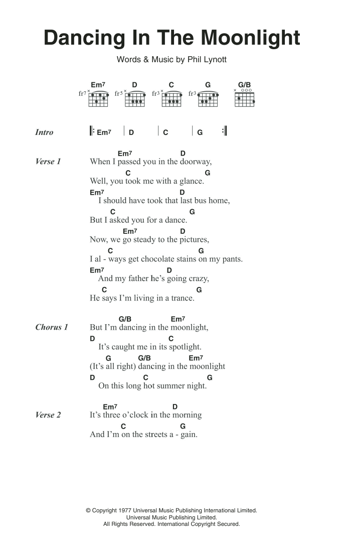 Thin Lizzy Dancing In The Moonlight sheet music notes and chords. Download Printable PDF.