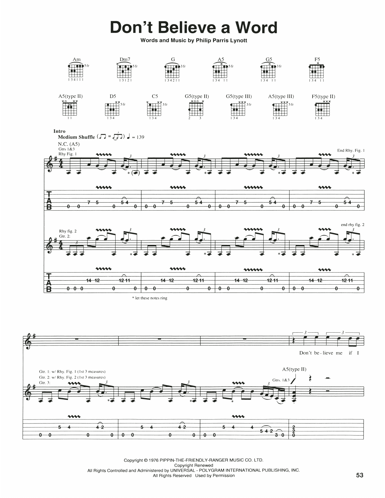 Thin Lizzy Don't Believe A Word sheet music notes and chords arranged for Guitar Tab