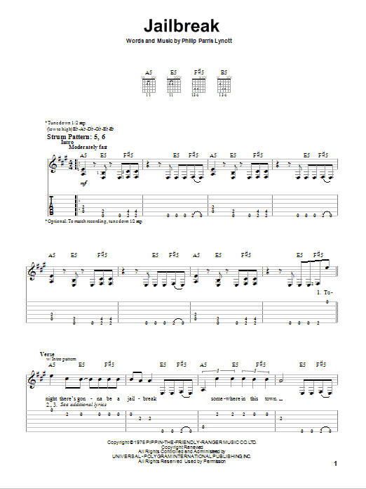 Thin Lizzy Jailbreak sheet music notes and chords. Download Printable PDF.