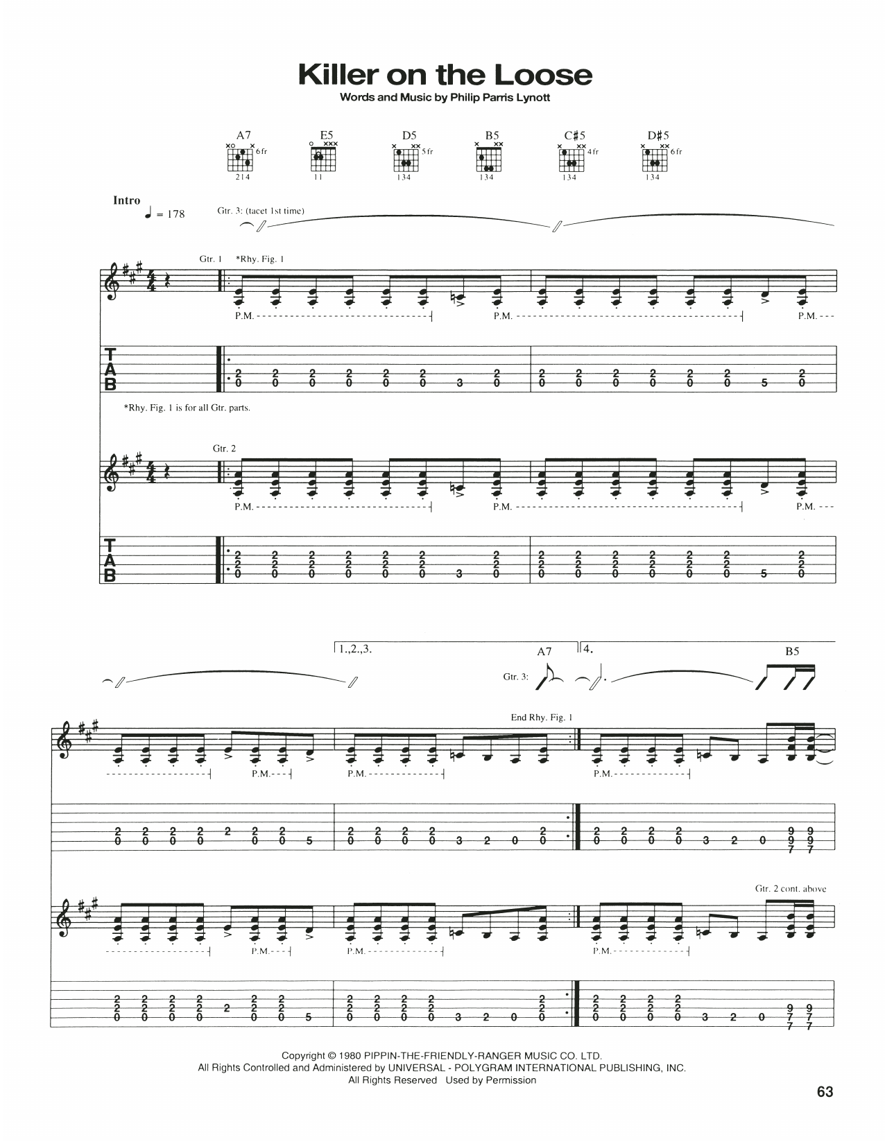 Learn to play Thin Lizzy Killer On The Loose sheet music for Guitar Tab in minutes. Price: 7.8900$ Thin Lizzy Killer On The Loose sheet music notes and chords arranged for Guitar Tab