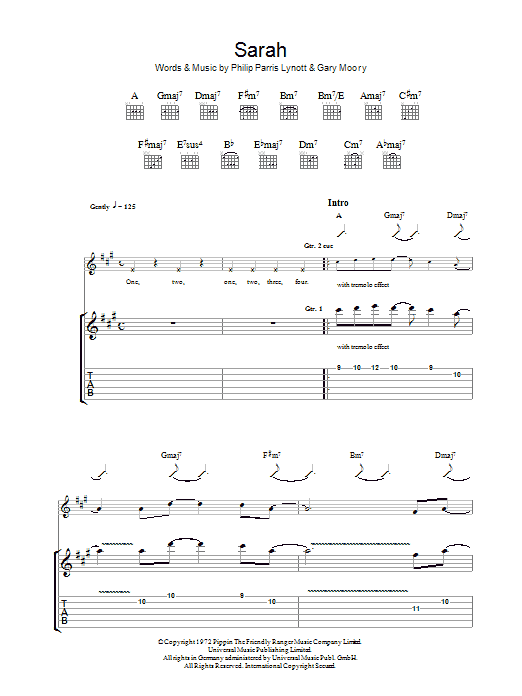 Learn to play Thin Lizzy Sarah sheet music for Guitar Tab in minutes. Price: 7.8900$ Thin Lizzy Sarah sheet music notes and chords arranged for Guitar Tab
