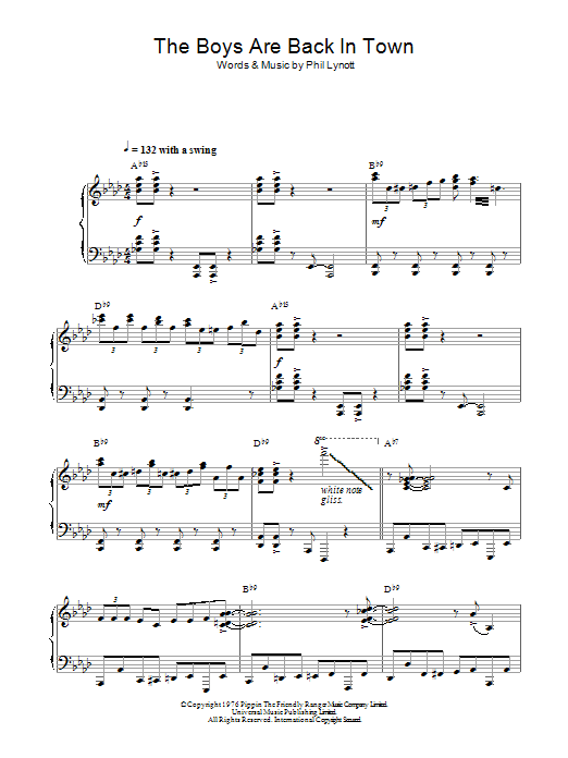 Thin Lizzy The Boys Are Back In Town (jazz version) sheet music notes and chords arranged for Piano Solo