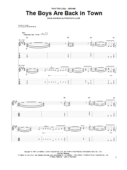 Thin Lizzy The Boys Are Back In Town sheet music notes and chords. Download Printable PDF.