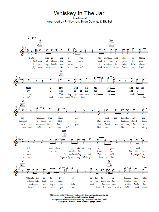 Thin Lizzy Whiskey In The Jar sheet music notes and chords. Download Printable PDF.