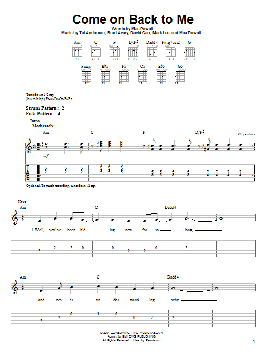 Third Day Come On Back To Me sheet music notes and chords. Download Printable PDF.