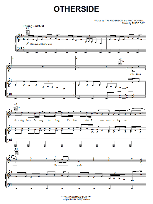 Third Day Otherside sheet music notes and chords arranged for Piano, Vocal & Guitar Chords (Right-Hand Melody)