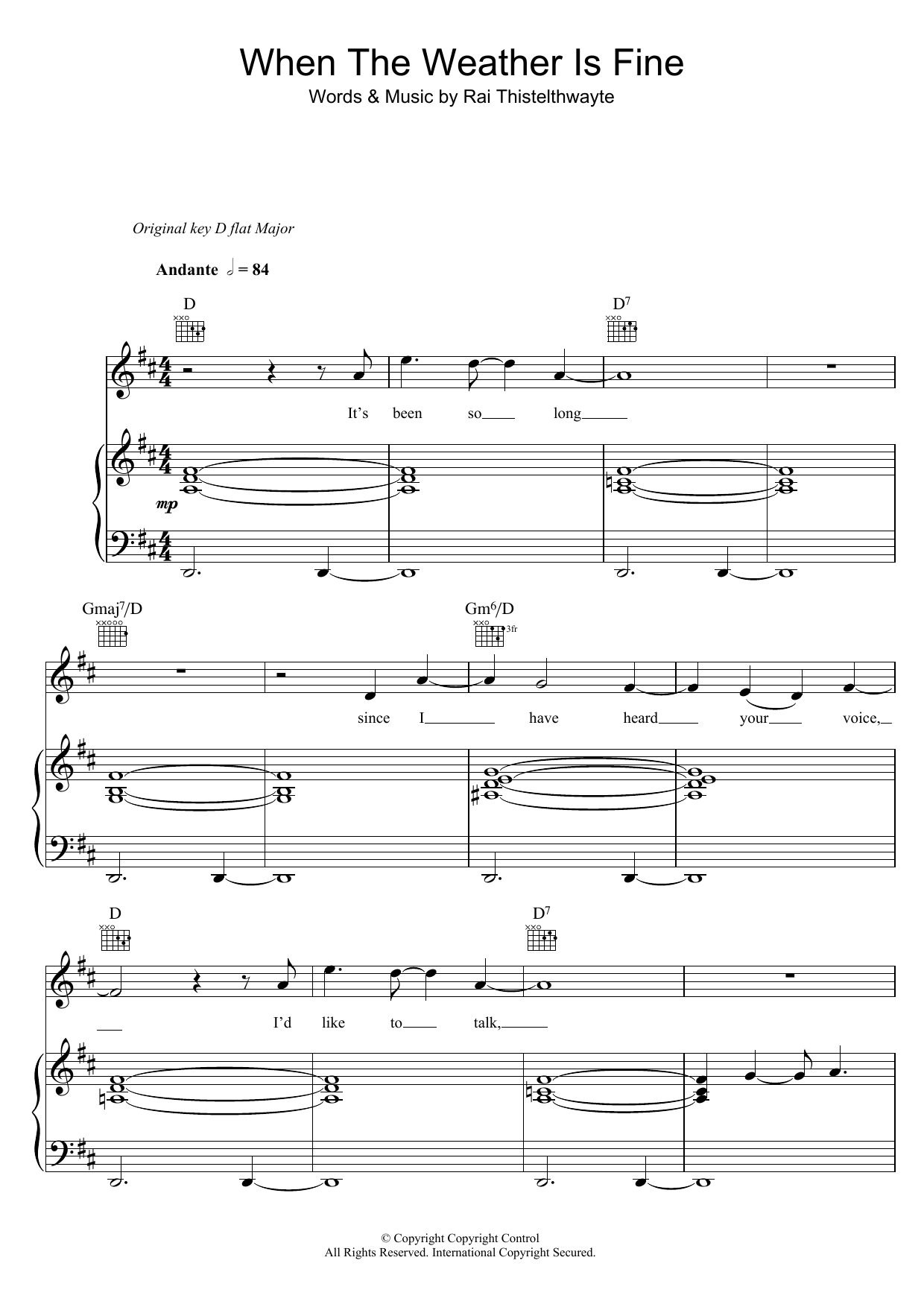 Learn to play Thirsty Merc When The Weather Is Fine sheet music for Piano, Vocal & Guitar Chords in minutes. Price: 7.8900$ Thirsty Merc When The Weather Is Fine sheet music notes and chords arranged for Piano, Vocal & Guitar Chords