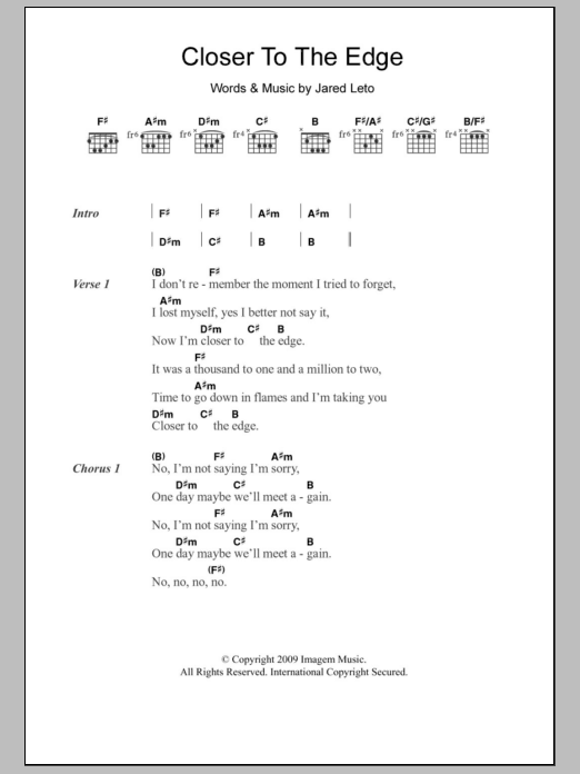 Thirty Seconds To Mars Closer To The Edge sheet music notes and chords. Download Printable PDF.