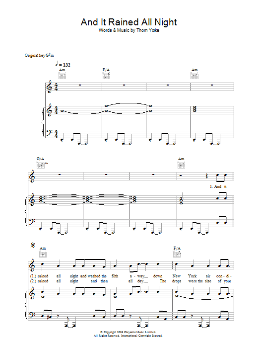Learn to play Thom Yorke And It Rained All Night sheet music for Piano, Vocal & Guitar Chords in minutes. Price: 7.8900$ Thom Yorke And It Rained All Night sheet music notes and chords arranged for Piano, Vocal & Guitar Chords