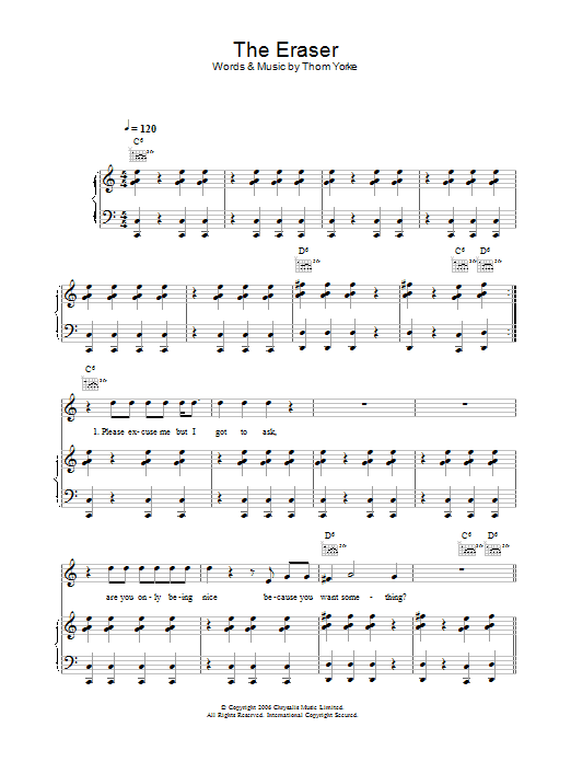 Learn to play Thom Yorke The Eraser sheet music for Piano, Vocal & Guitar Chords in minutes. Price: 7.8900$ Thom Yorke The Eraser sheet music notes and chords arranged for Piano, Vocal & Guitar Chords