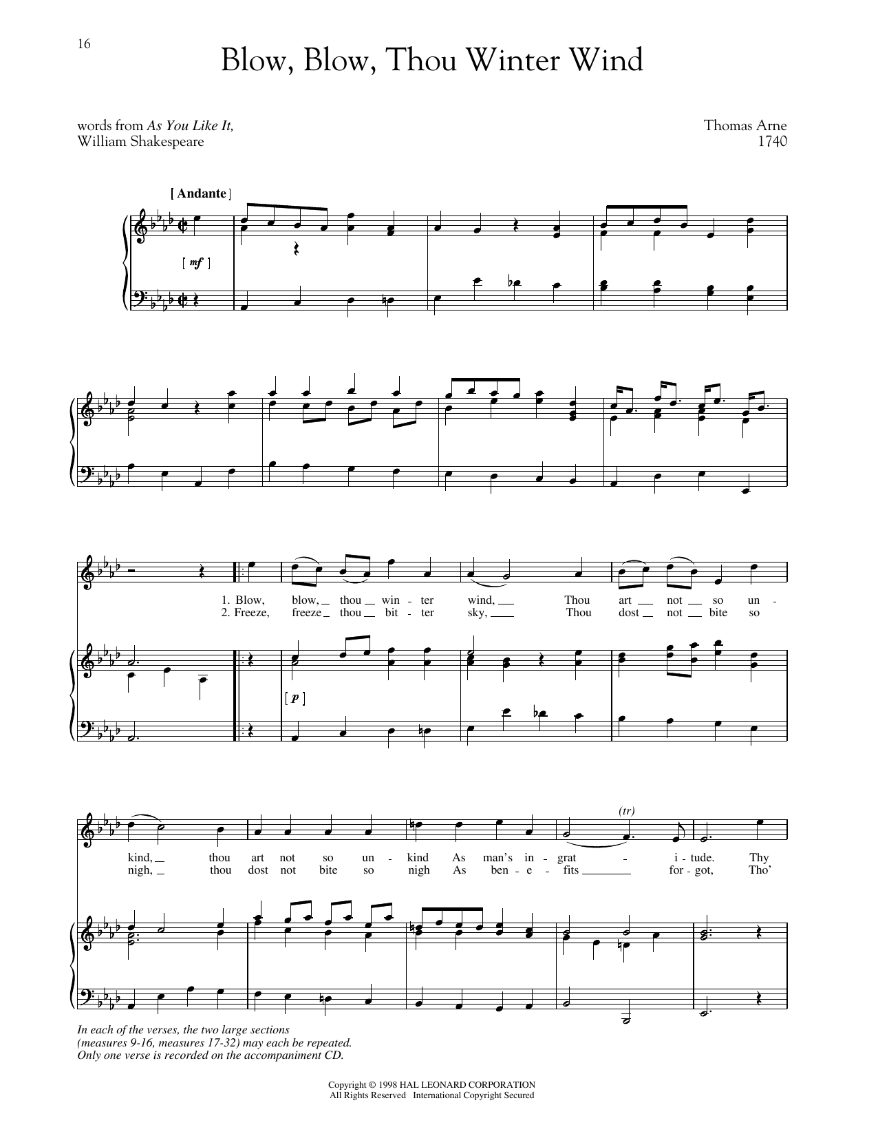 Thomas Arne Blow, Blow, Thou Winter Wind sheet music notes and chords. Download Printable PDF.