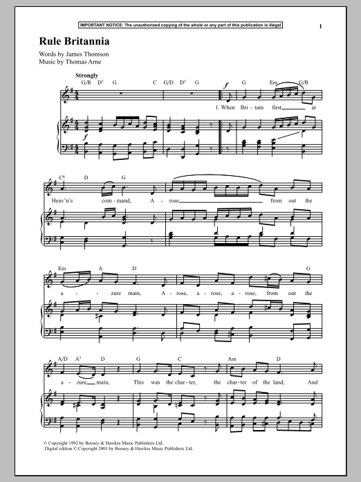 Thomas Arne Rule Britannia sheet music notes and chords. Download Printable PDF.