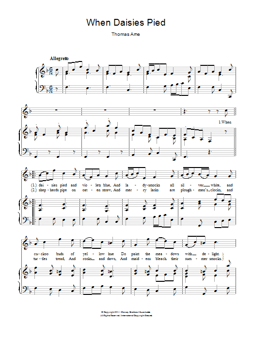 Learn to play Thomas Arne When Daisies Pied sheet music for Piano & Vocal in minutes. Price: 6.9900$ Thomas Arne When Daisies Pied sheet music notes and chords arranged for Piano & Vocal