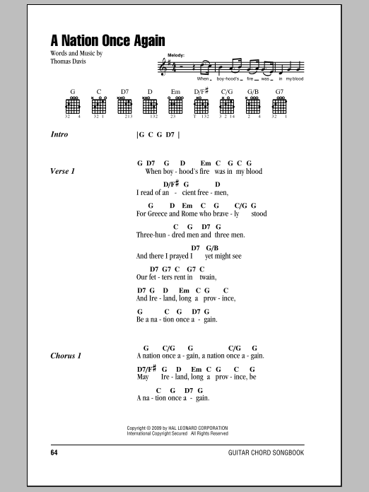 Learn to play Thomas Davis A Nation Once Again sheet music for Guitar Chords/Lyrics in minutes. Price: 4.4900$ Thomas Davis A Nation Once Again sheet music notes and chords arranged for Guitar Chords/Lyrics
