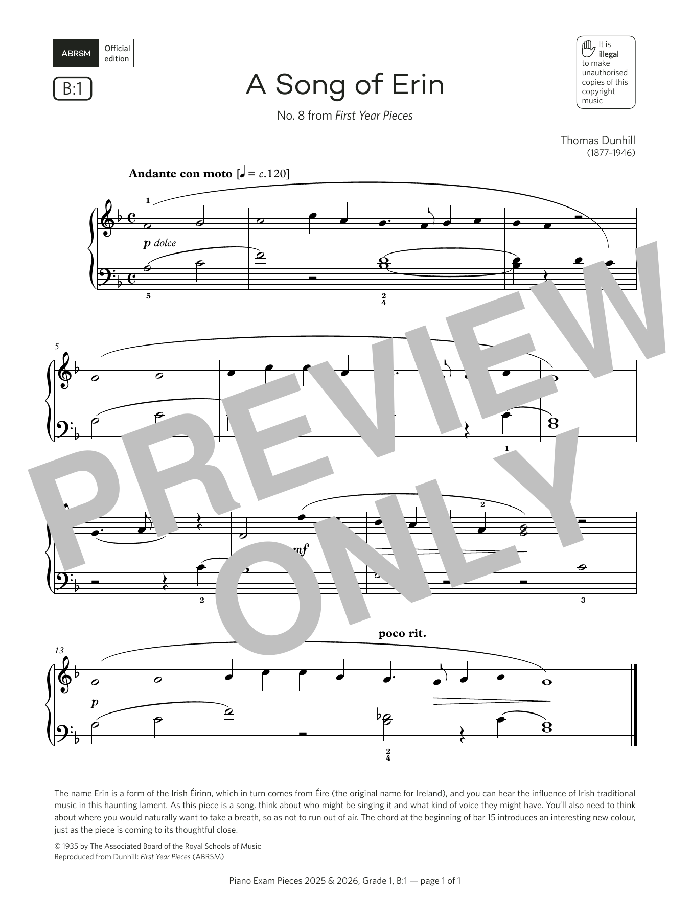 Thomas Dunhill A Song of Erin (Grade 1, list B1, from the ABRSM Piano Syllabus 2025 & 2026) sheet music notes and chords. Download Printable PDF.