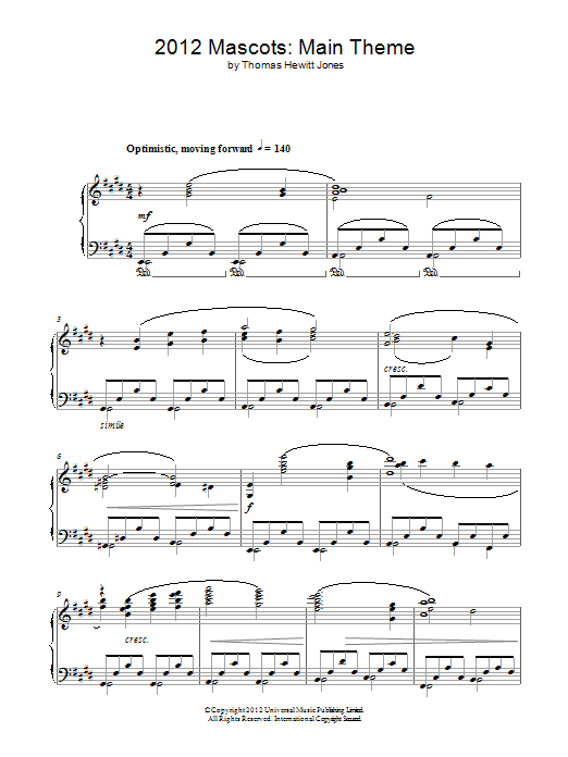 Learn to play Thomas Hewitt Jones Official Mascot's Theme sheet music for Piano Solo in minutes. Price: 7.8900$ Thomas Hewitt Jones Official Mascot's Theme sheet music notes and chords arranged for Piano Solo