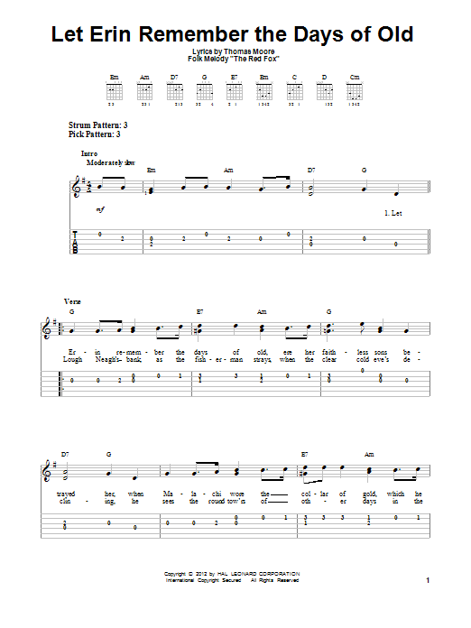 Thomas Moore Let Erin Remember The Days Of Old sheet music notes and chords. Download Printable PDF.