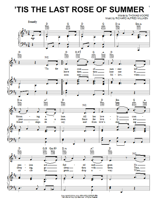 Thomas Moore 'Tis The Last Rose Of Summer sheet music notes and chords. Download Printable PDF.