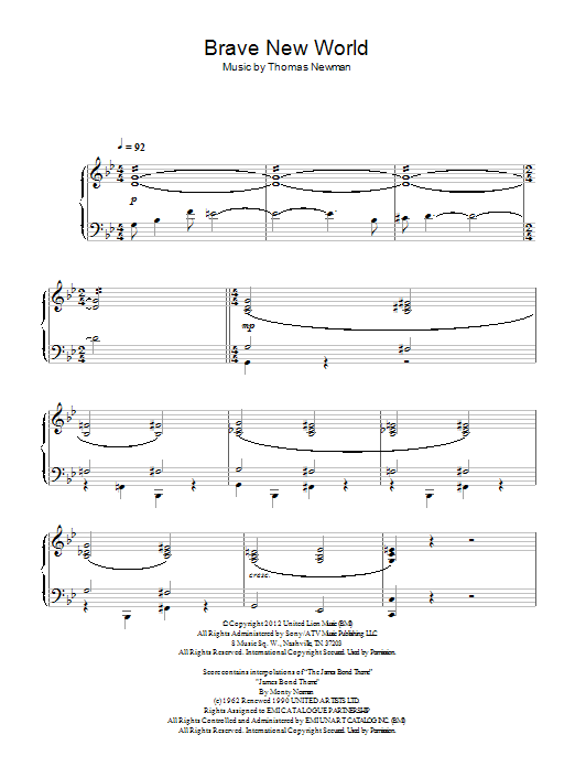 Learn to play Thomas Newman Brave New World (from James Bond Skyfall) sheet music for Piano Solo in minutes. Price: 7.8900$ Thomas Newman Brave New World (from James Bond Skyfall) sheet music notes and chords arranged for Piano Solo