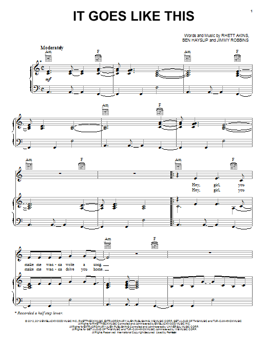Learn to play Thomas Rhett It Goes Like This sheet music for Piano, Vocal & Guitar Chords (Right-Hand Melody) in minutes. Price: 7.8900$ Thomas Rhett It Goes Like This sheet music notes and chords arranged for Piano, Vocal & Guitar Chords (Right-Hand Melody)