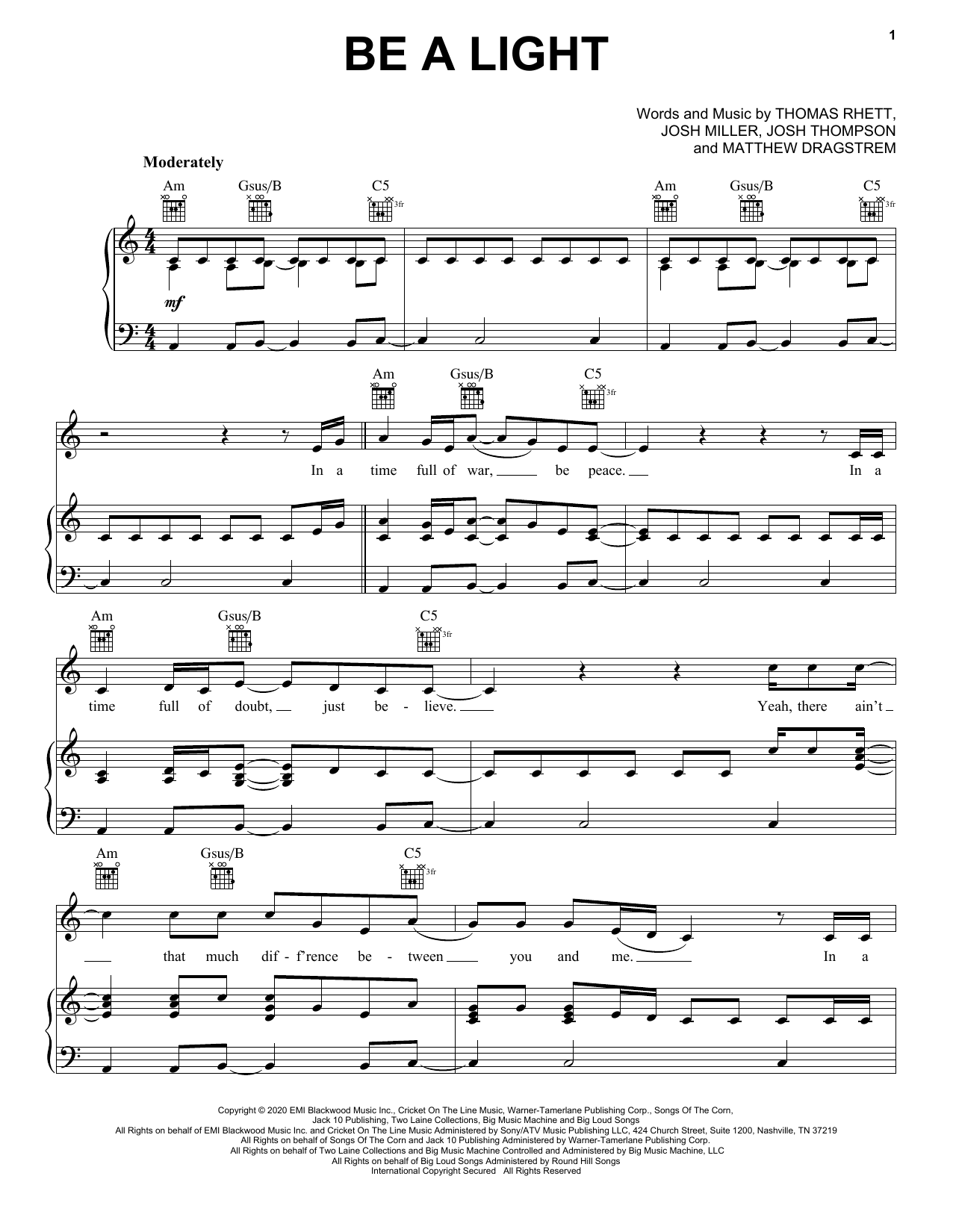 Thomas Rhett, Reba McEntire, Hillary Scott, Chris Tomlin and Keith Urban Be A Light sheet music notes and chords. Download Printable PDF.