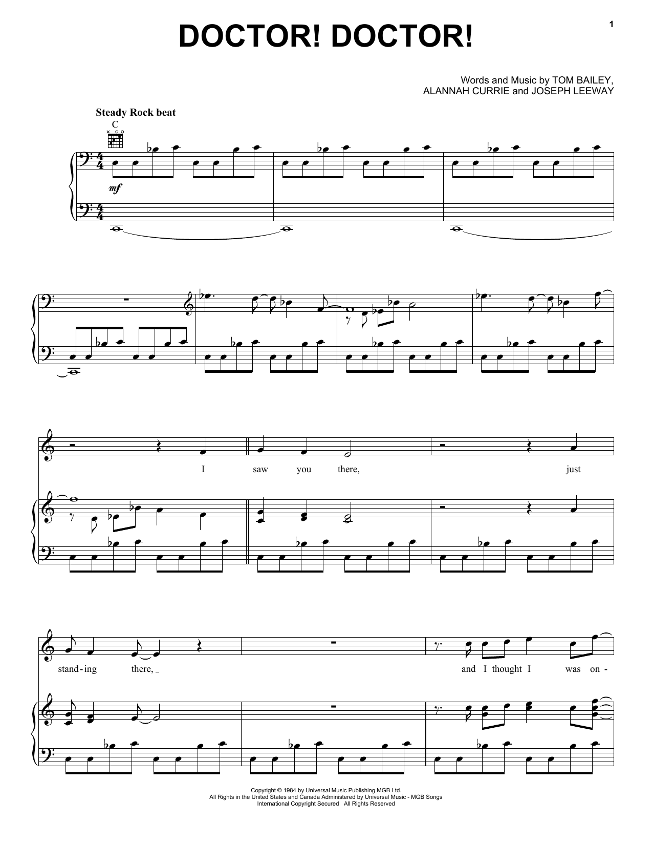Learn to play Thompson Twins Doctor! Doctor! sheet music for Piano, Vocal & Guitar Chords (Right-Hand Melody) in minutes. Price: 7.8900$ Thompson Twins Doctor! Doctor! sheet music notes and chords arranged for Piano, Vocal & Guitar Chords (Right-Hand Melody)