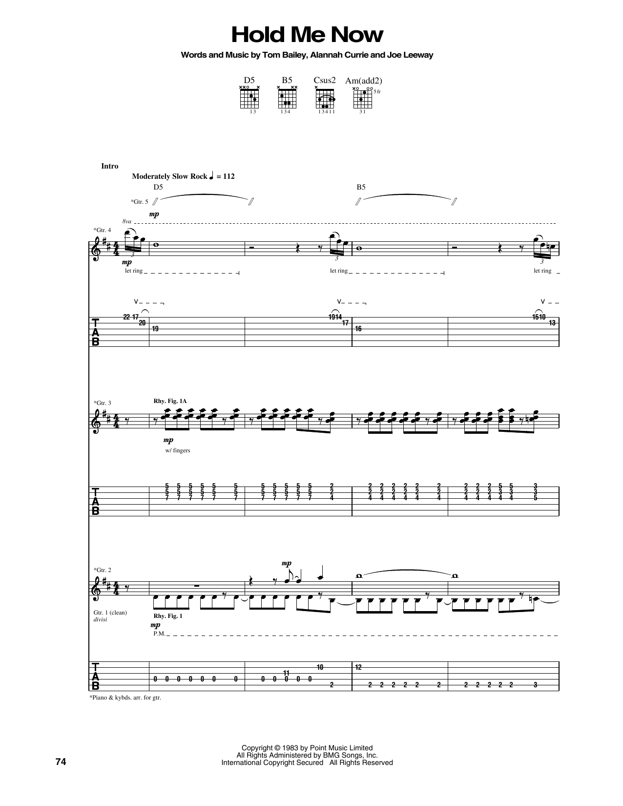 Thompson Twins Hold Me Now sheet music notes and chords arranged for Piano, Vocal & Guitar Chords (Right-Hand Melody)