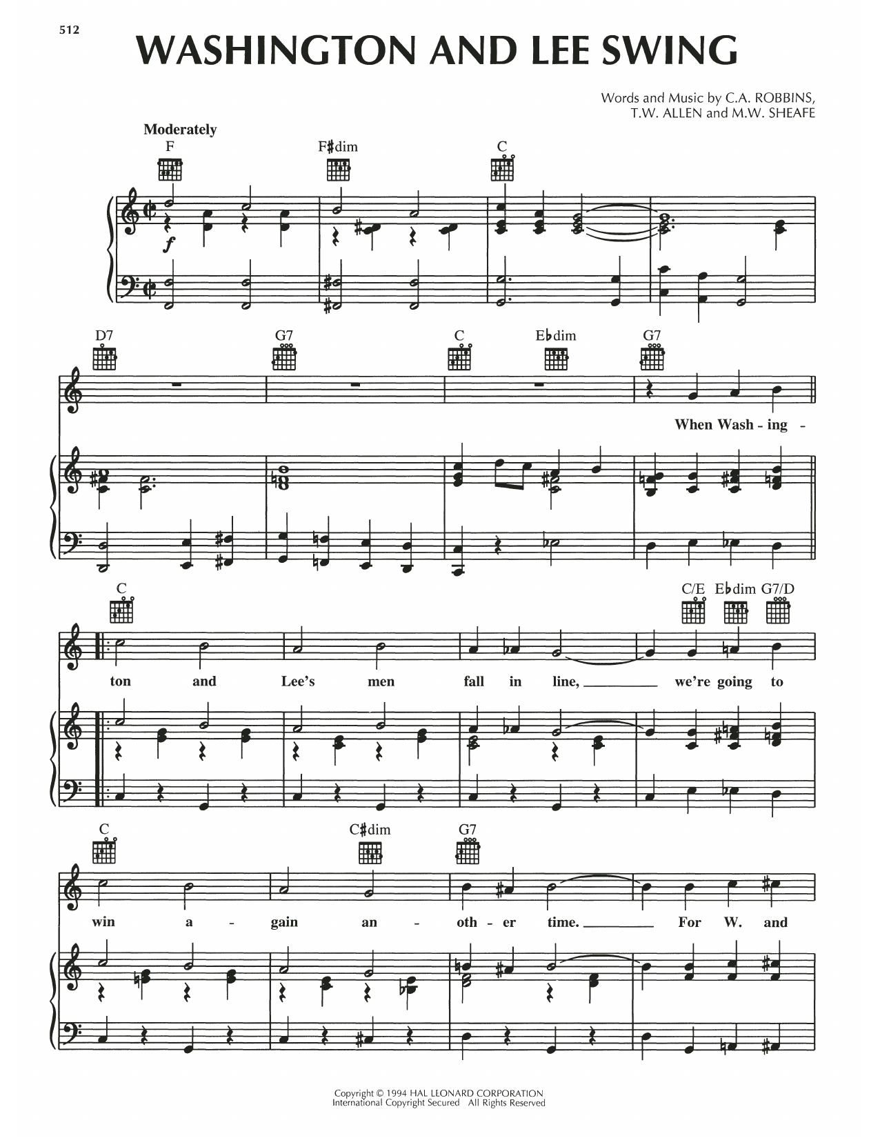 Thornton W. Allen Washington And Lee Swing sheet music notes and chords. Download Printable PDF.