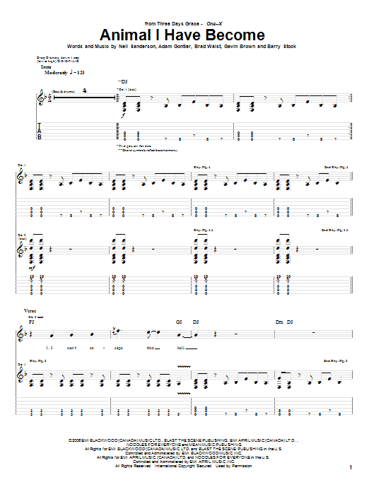 Three Days Grace Animal I Have Become sheet music notes and chords. Download Printable PDF.