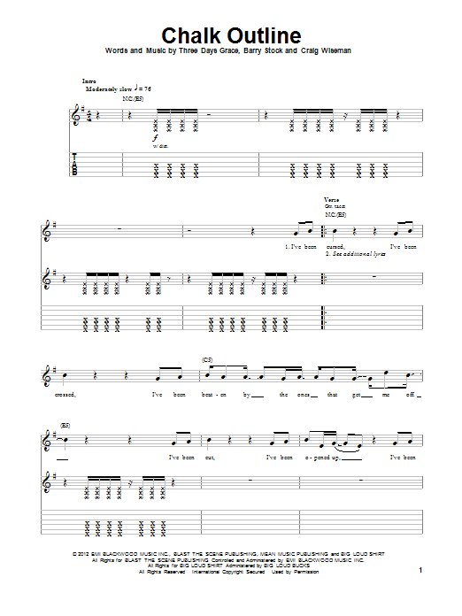 Three Days Grace Chalk Outline sheet music notes and chords. Download Printable PDF.