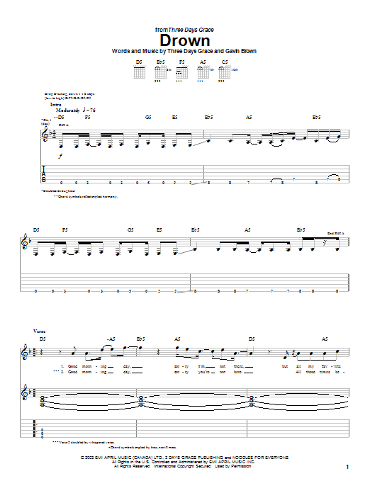 Learn to play Three Days Grace Drown sheet music for Guitar Tab in minutes. Price: 7.8900$ Three Days Grace Drown sheet music notes and chords arranged for Guitar Tab