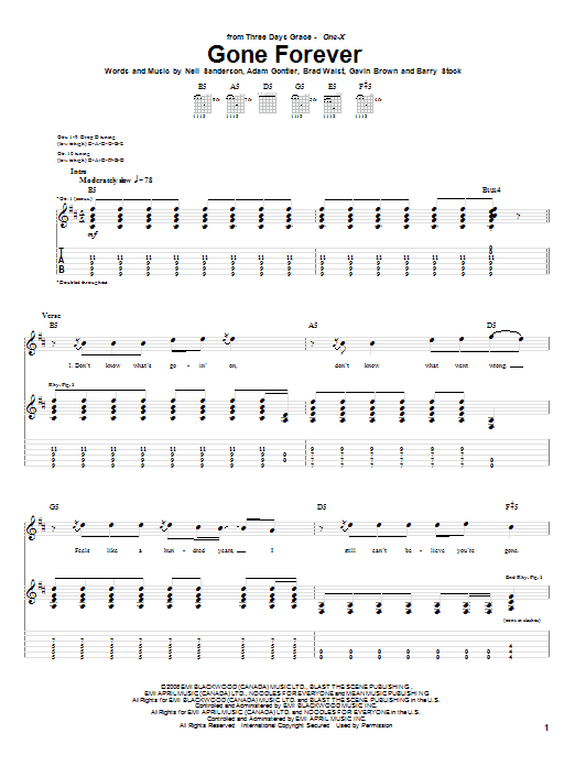 Learn to play Three Days Grace Gone Forever sheet music for Guitar Tab in minutes. Price: 7.8900$ Three Days Grace Gone Forever sheet music notes and chords arranged for Guitar Tab