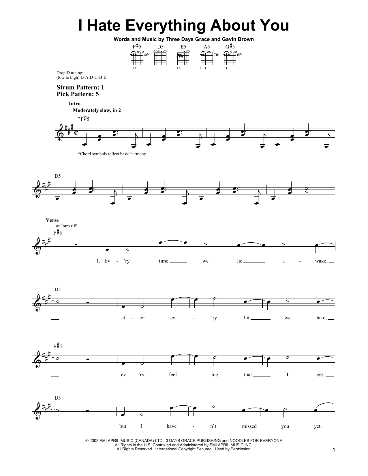 Three Days Grace I Hate Everything About You sheet music notes and chords. Download Printable PDF.