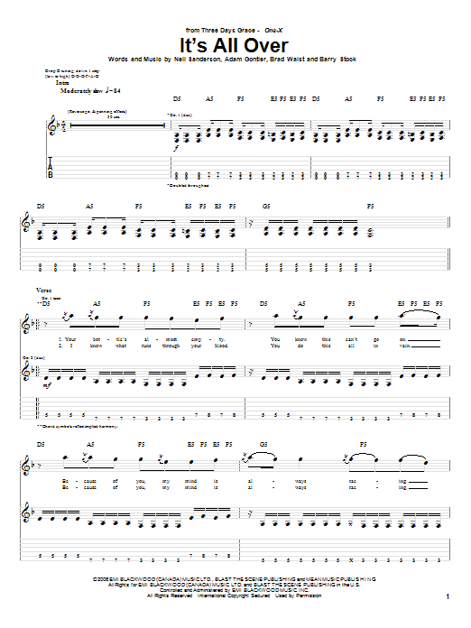 Learn to play Three Days Grace It's All Over sheet music for Guitar Tab in minutes. Price: 7.8900$ Three Days Grace It's All Over sheet music notes and chords arranged for Guitar Tab