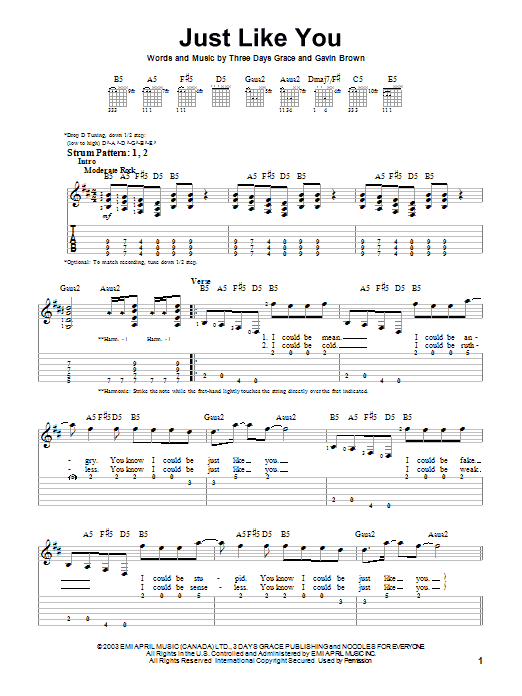 Three Days Grace Just Like You sheet music notes and chords. Download Printable PDF.